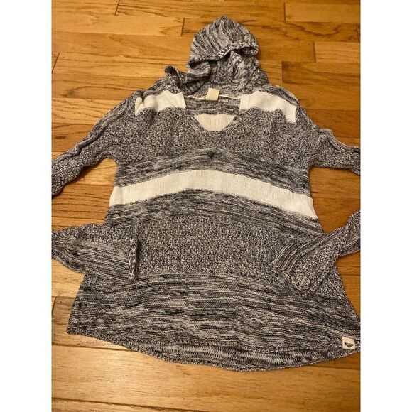 Roxy womens grey white striped v-neck hooded lightweight knit pullover sweater M - Picture 1 of 7